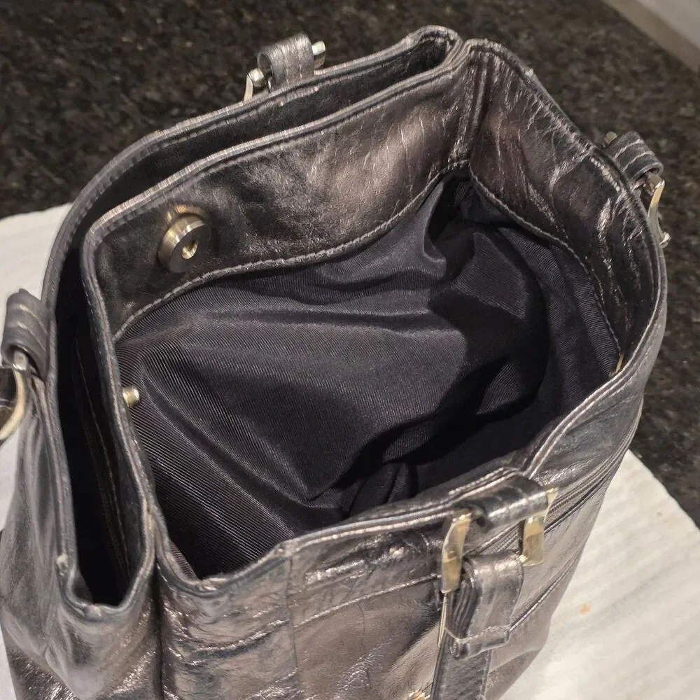Vintage SHS Metallic Black Textured Leather Multi-Zip Shoulder Bag